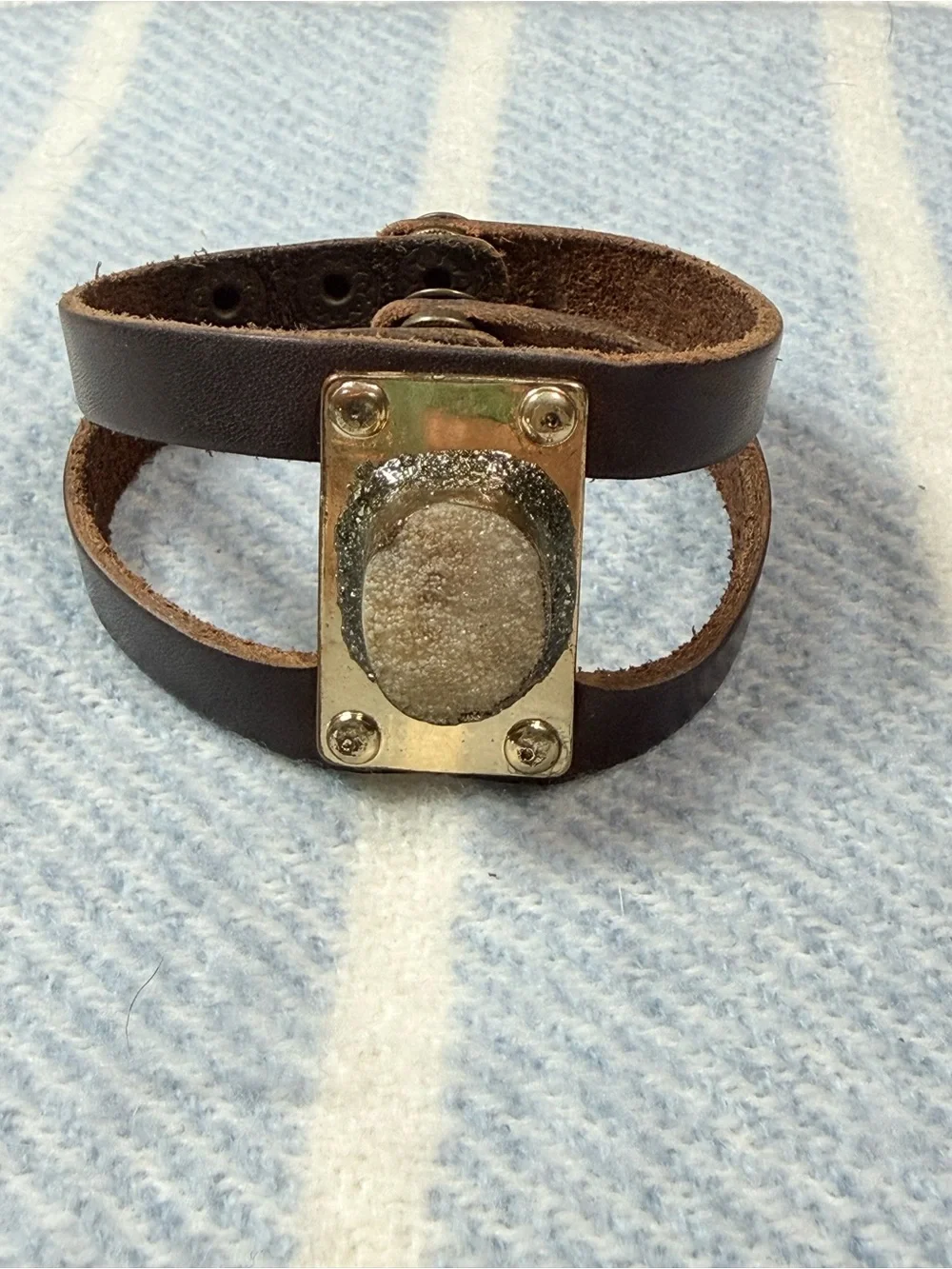 Double-Wrap Brown Leather Bracelet with Central Stone Accent